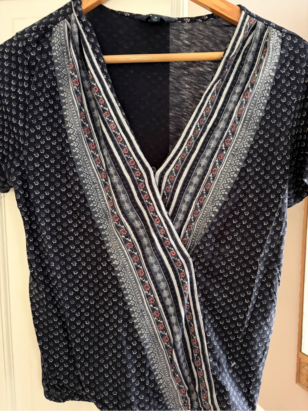 Lucky Brand Navy Short-Sleeve Printed Wrap-Style Top with Floral Trim